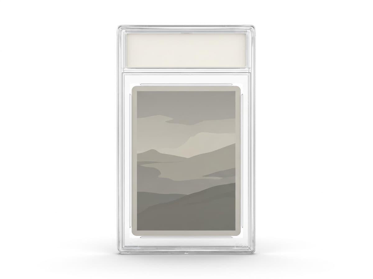 A trading card sealed in a clear plastic grading slab, photographed on white.