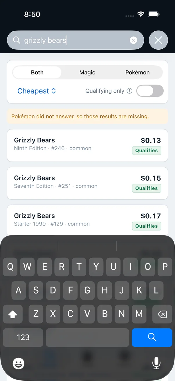 CrapTCG for iPhone showing live card prices